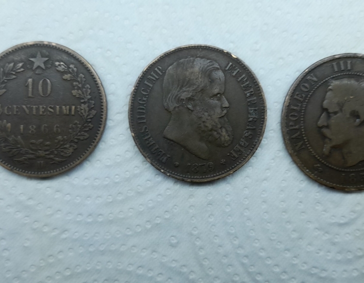 Moneda Italia 10 céntimos 1866; Brasil 40 Rs 1879; Empire Francés 1855 10 centimos