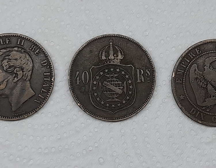 Moneda Italia 10 céntimos 1866; Brasil 40 Rs 1879; Empire Francés 1855 10 centimos